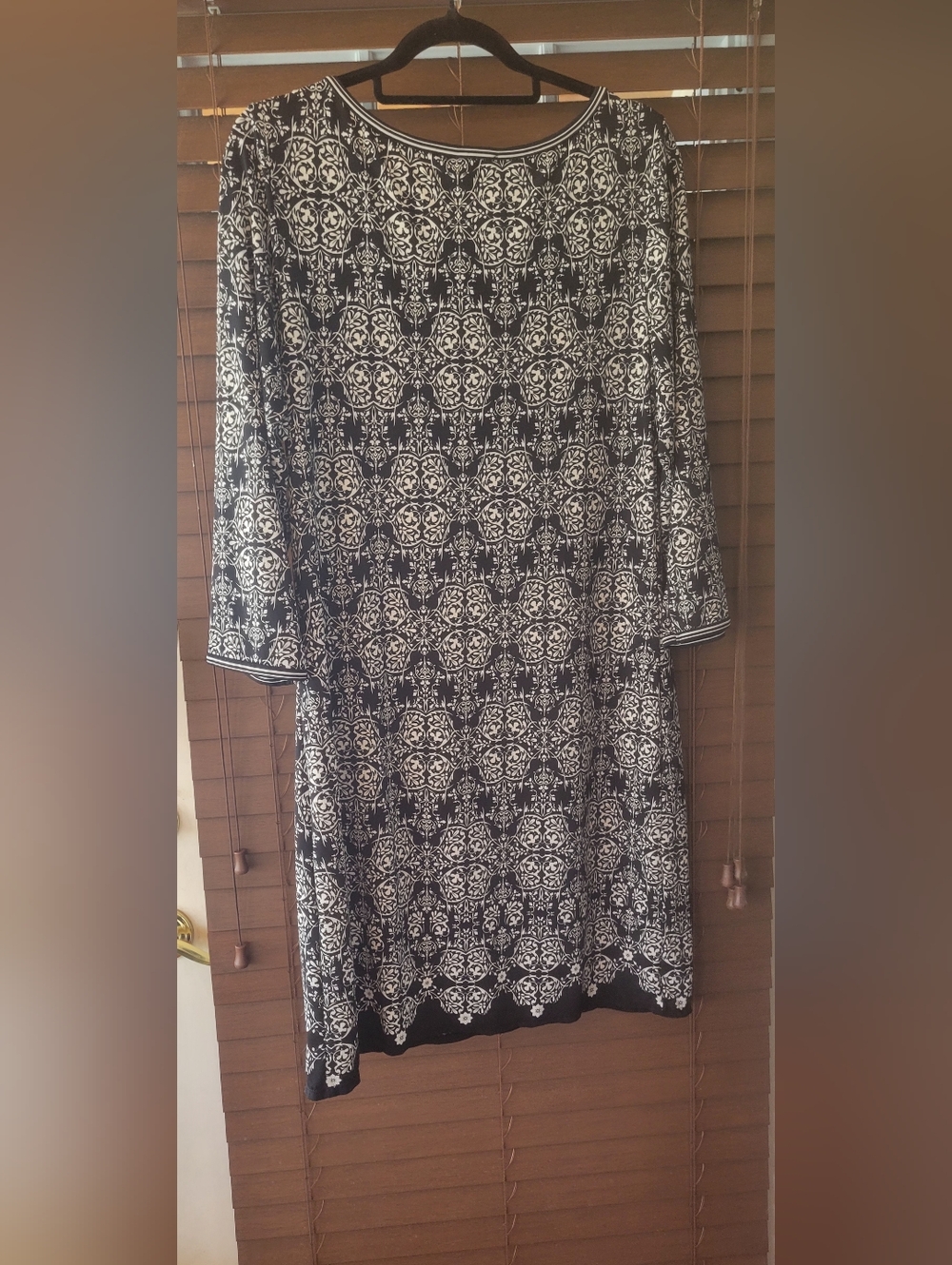 Max Studio Blue and Cream Geometric Floral-Scroll Print Midi Dress